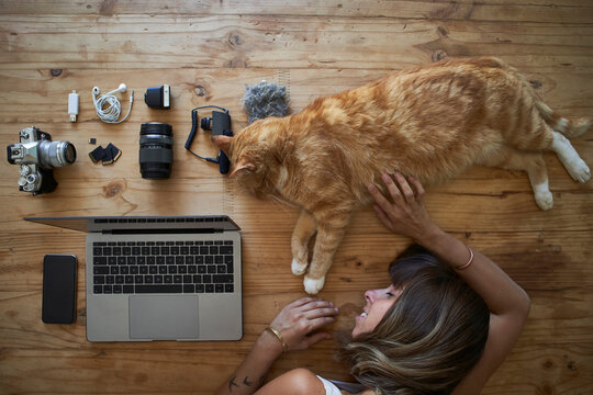 Exhausted woman sleeping on table with ginger cat, laptop and photografic equipment