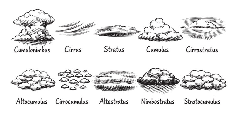 Hand drawn cloud types illustration. Can be used for weather, nature, science, education, art or creative projects. Vector illustration with names.