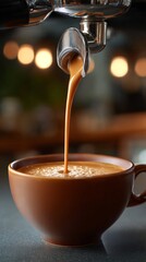 Rich espresso pouring into brown cup creating perfect creamy coffee