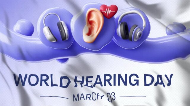 Animated video with a WORLD HEARING DAY theme, with a wavy flag style, suitable for campaigns. Motion graphics, 4K footage.