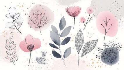 Sketchy Floral Doodle Collection with Watercolor Textures and Soft Pastels