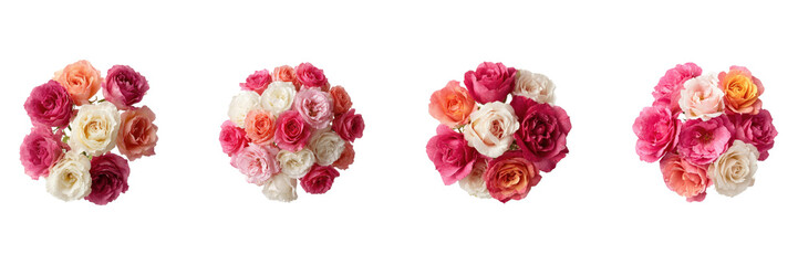 Colorful Rose Bouquets Set. Floral Arrangement And Decoration Collection Isolated On Transparent Background