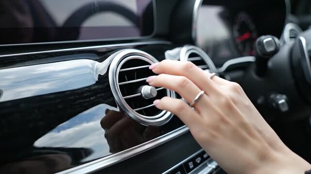 A person's hand adjusts the air conditioning vent inside a modern luxury car
