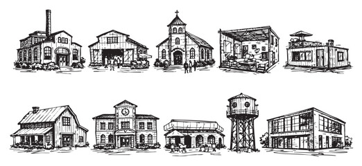 Fototapeta premium Collection of hand-drawn building sketches including a factory, barn, church, house, and water tower. Ideal for architectural illustrations, graphic design projects, or educational resources.