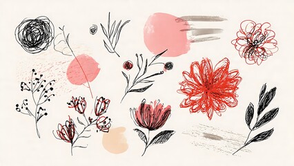 Artistic Hand-Drawn Floral Doodles and Patterns in Soft Colors and Lines
