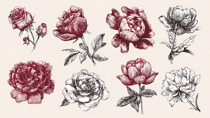 Hand-Drawn Floral Elements with Roses and Bouquets in Elegant Design