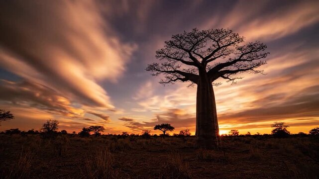 Majestic ancient tree stands tall in a vast sav landscape under a dramatic