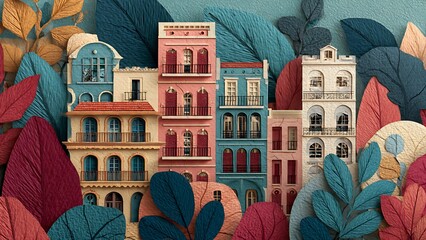 Colorful Collage of Vintage European Buildings with Artistic Leaf Design
