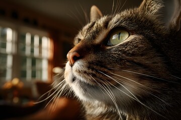 Vibrissae of a tabby cat glisten warmly in a sunlit cozy living room.