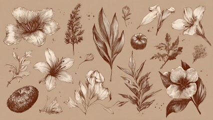 Elegant Boho Floral Sketches on Brown Background with Ink Detailing