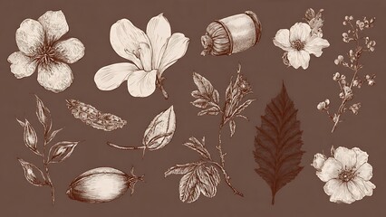 Elegant Boho Floral Sketches in Chocolate Ink on Brown Background for Design