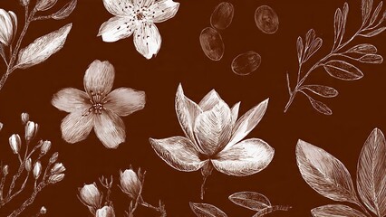 Elegant Boho Floral Sketches on Rich Chocolate Brown Ink Background