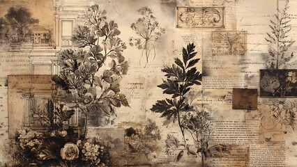 Antique Mixed Media Collage Featuring Botanical Illustrations and Architectural Elements
