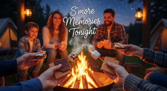 Family making s'mores together  around campfire at night