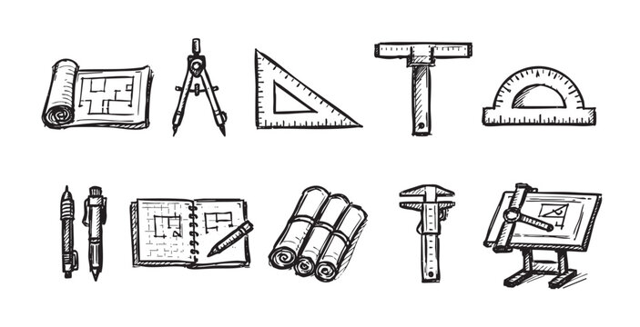 Hand-drawn style illustration featuring architectural tools, including blueprints, drafting tools, pens, notebook, and drawing board. Perfect for architectural, design, or educational concepts.