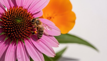 Macro shot of a honey bee foraging on a pink Echinacea coneflower with fresh water droplets, highlighted against a bright orange bokeh background, symbolizing pollination and summer vitality.