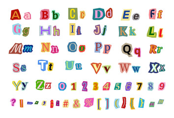 Ransom cut out color letters, numbers and punctuation marks. Anonymous font vector, magazine cutout collage symbols 