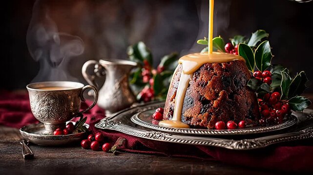 Christmas pudding with cream and holly