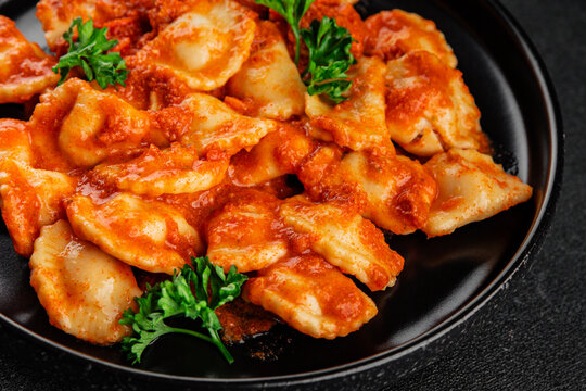 Ravioli meat Bolognese sauce main course food preparation tasty snack fresh delicious gourmet food background on the table rustic food top view copy space