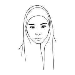 Dibujo con líneas. Vista de cerca de la cabeza de una chica joven musulmana con un pañuelo tapando el cabello © teracreonte