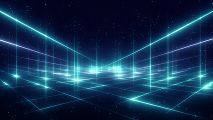 紺色の空間に広がるシアンのデジタルグリッド抽象背景