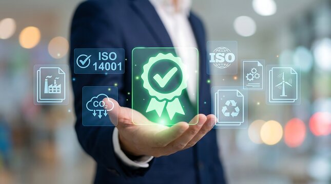 A professional businessman presents a glowing green badge with a checkmark and ISO 14001 environmental certification icons, symbolizing successful sustainability management.