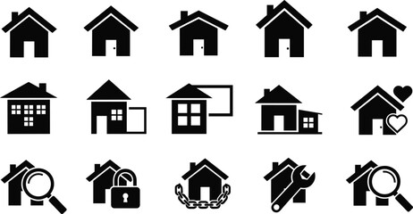 Obraz premium Set of black house icons including real estate symbols for home search security repair and family life isolated on a white background,
