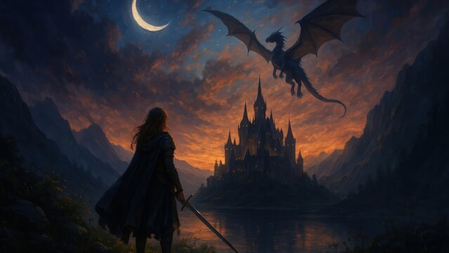 Knight faces dragon castle twilight.