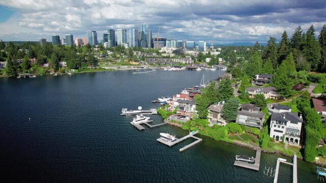 Scenic Aerial View of Bellevue Skyline from Lake Washington