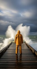 Fototapeta premium Male in yellow raincoat facing crashing waves on wooden pier during stormy weather, dramatic ocean scene with dark sky