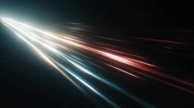 Dynamic high-speed light trails illuminate a dark abstract space, symbolizing advanced digital technology and rapid motion