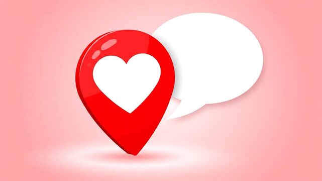A glossy red location pin with a heart shape and a white speech bubble on a pink gradient