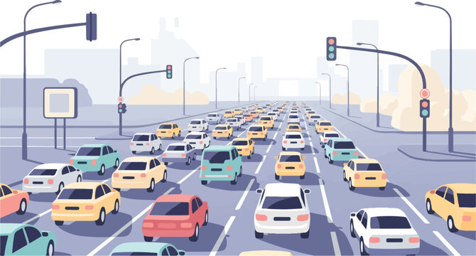 Pixelated traffic jam on a city highway with cars and traffic lights
