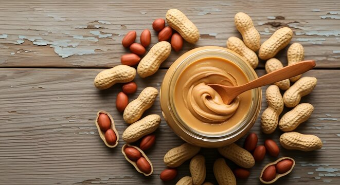 Top view image of creamy peanut butter in a jar with roasted peanuts on rustic wooden background. Perfect for National Peanut Butter Lover's Day celebration, food blog, recipe content, and healthy sna