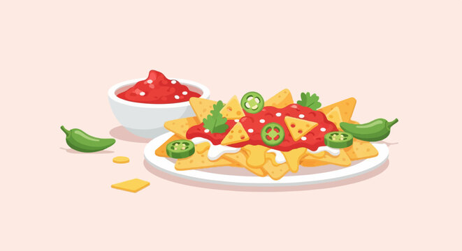 Plate of delicious nachos with salsa, cheese, jalapenos, and cilantro