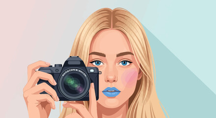 Portrait of a woman with blonde hair holding a vintage camera, blue eyes