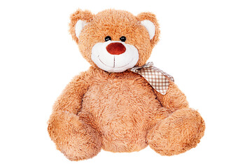 Obraz premium Cute brown teddy bear with a smiling face and a checkered bow tie, isolated on a transparent background. Soft plush toy for children, perfect for gift, childhood, and comfort themes
