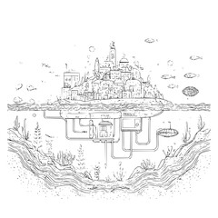 Obraz premium Underwater City with Tunnels and Pipelines