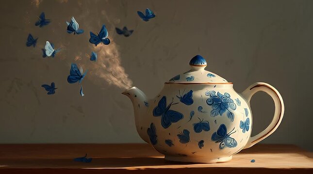 Elegant teapot with ethereal butterflies concept on wooden surface