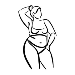 Dibujo de trazo único de mujer con traje de baño o ropa interior con sobrepeso de pie © teracreonte
