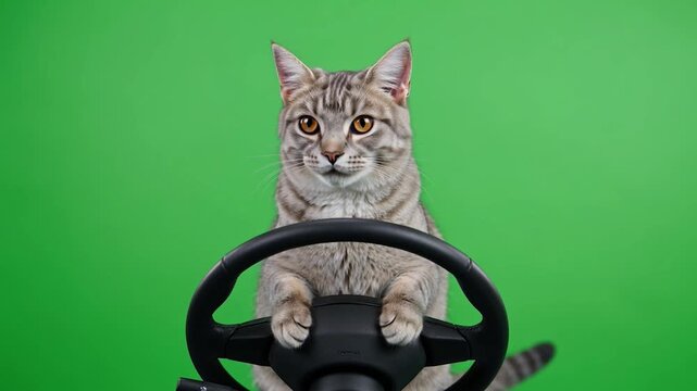 Cat driving with serious focus and playful humor showing humanlike posture and amber eyes steering forward in a funny cinematic style on green screen background