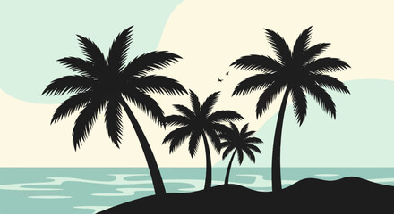 Obraz premium Silhouetted palm trees against a pastel sky with a calm ocean