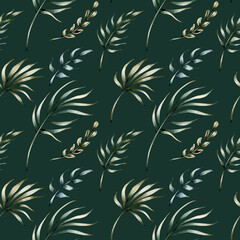 Fototapeta premium Tropical Leaves Seamless Pattern. Palm branch Watercolor floral hand painted isolated illustration on green background