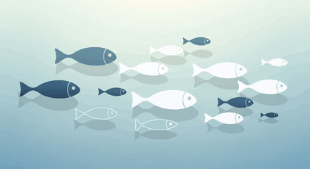 Fototapeta premium School of blue and white fish swimming in calm, light blue water