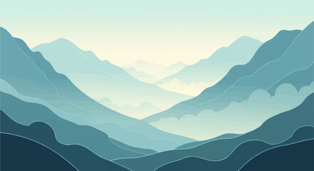 Fototapeta premium Serene, stylized mountain landscape with soft, layered blue peaks