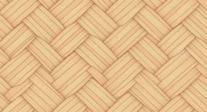 Seamless woven texture of light brown bamboo strips in a diagonal pattern