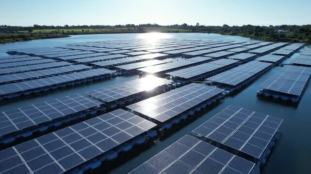 Large array of floating solar panels generating clean energy on a calm lake