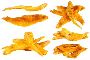 Fototapeta premium Single crispy fried fish fry on white background showcasing texture and golden color
