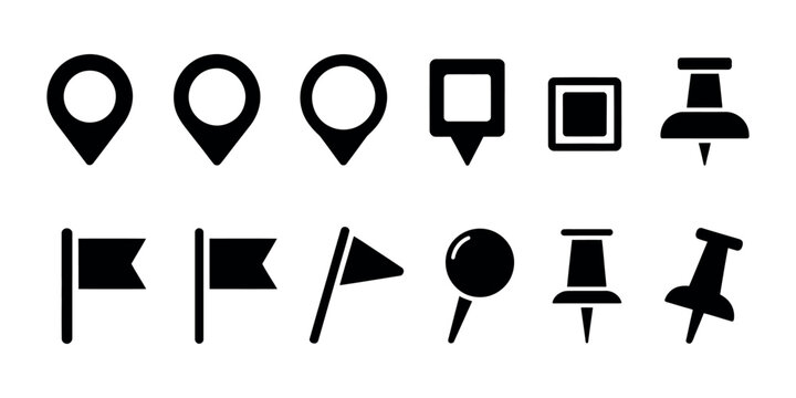 Pin Location and Map Pointer Collection featuring various colorful markers, drop pins, and destination symbols in a clean flat vector style for GPS and navigation apps.