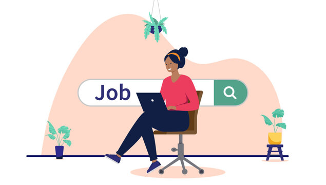 Smiling young woman sitting on an office chair using a laptop to search for a job online with a large search bar and magnifying glass in the background, flat design vector illustration